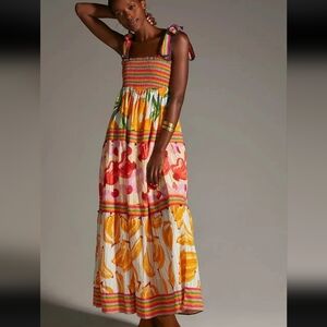 House of Harlow 1960 Tropical Colorful Strap Smocked Maxi Dress Bow Tie Straps